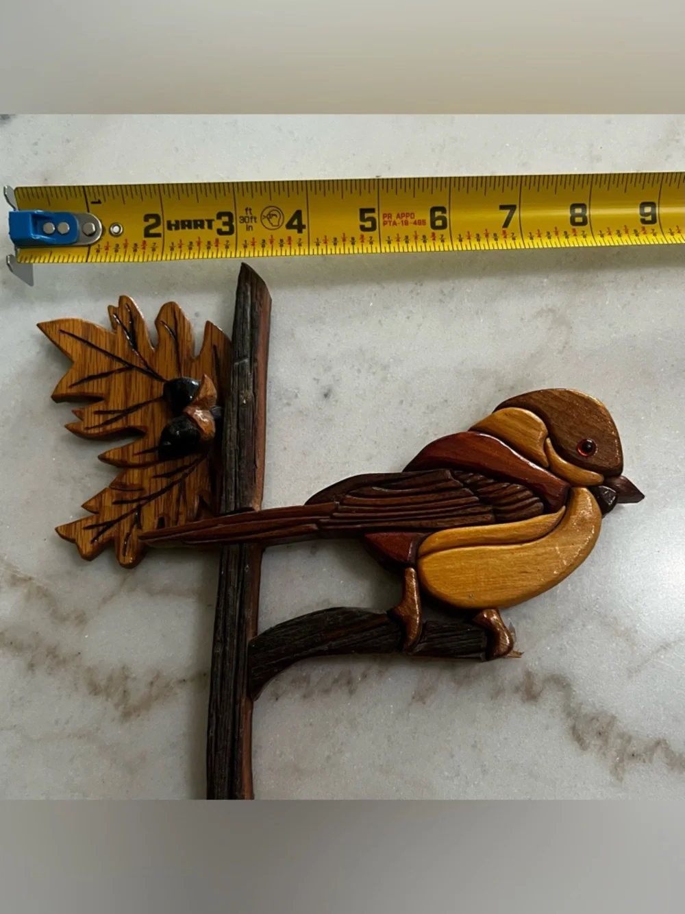 Handcrafted Intarsia Wood Bird Chickadee Wall Hanging Art Glass Eye.